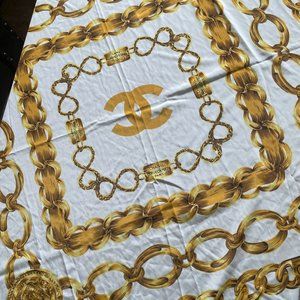 Chanel Vintage Silk Scarf Gold/Ivory with Chain Link Medallion